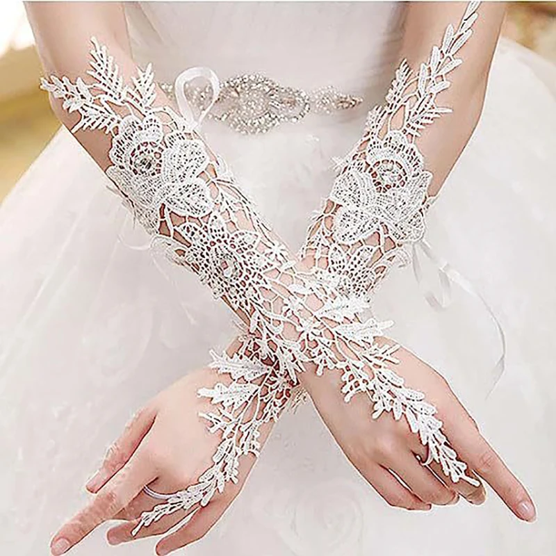 Lace Fingerless Bridal Wedding Gloves with Rhinestone for Women Paragraph Elbow Length lace gloves,wedding dress gloves