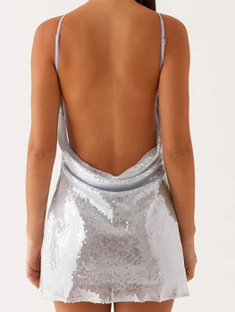 Elegant Women s Sequin Mini Dress with Spaghetti Straps and Backless Design Perfect for Summer Fashion Parties and Events 2