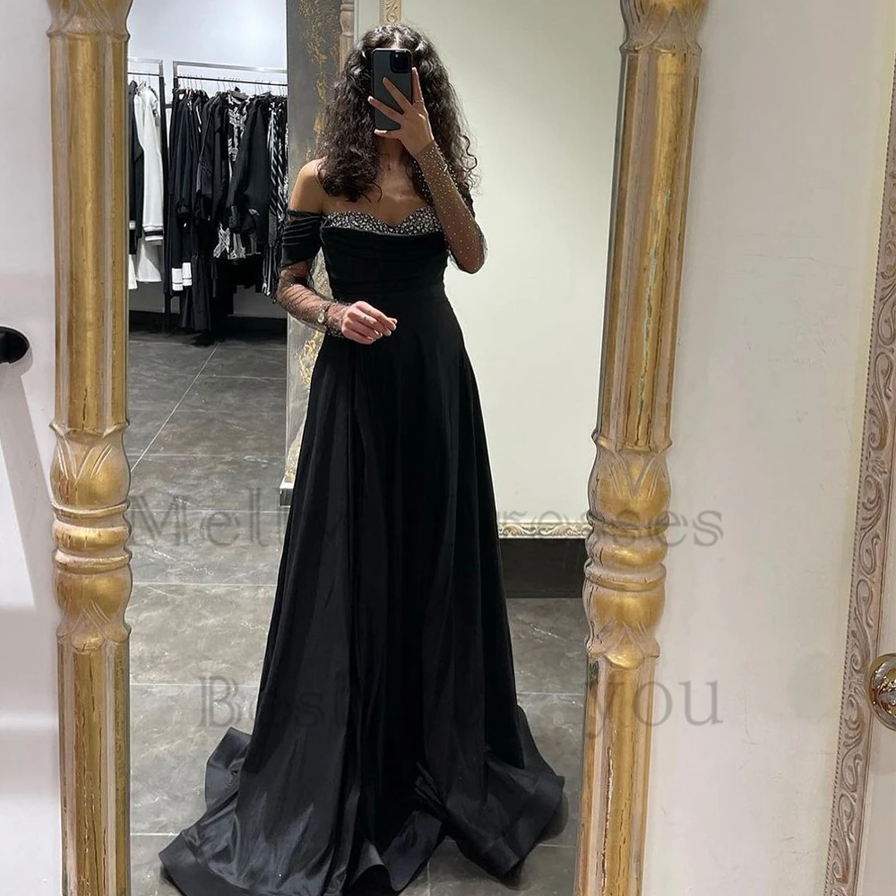 

Strapless Muslin Evening Dresses for Women 2024 Beach Satin Full Sleeve Prom Gowns with Crystal Summer New Robe De Soirée