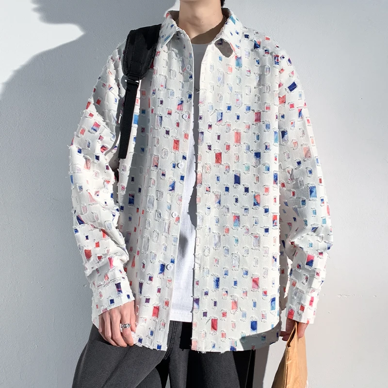 

Spring 2024 Hong Kong Style Chessboard Plaid Long-Sleeved Shirt Men's Casual Plus Size Fashion Brand Shirt Coat Casual Broken