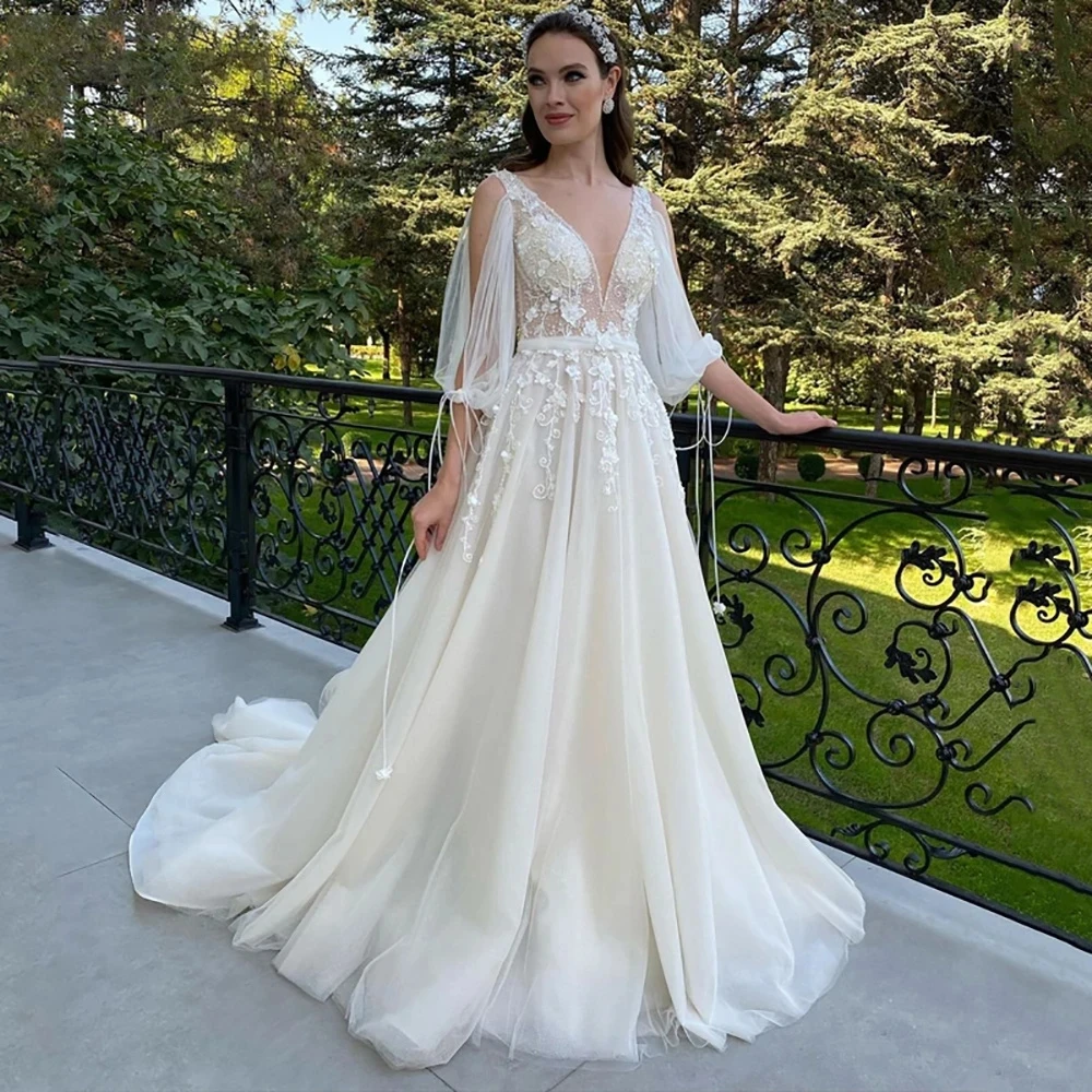 

Gorgeous Lace Long Sleeve Mermaid Sexy Backless Fluffy Mopping Wedding Dresses Fascinating V-Neck Princess Style Bridal Gowns