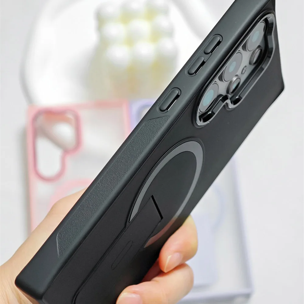 Luxury Fold Magnetic Stand Phone Case with Plated Lens Frame and Matte Frosted Back