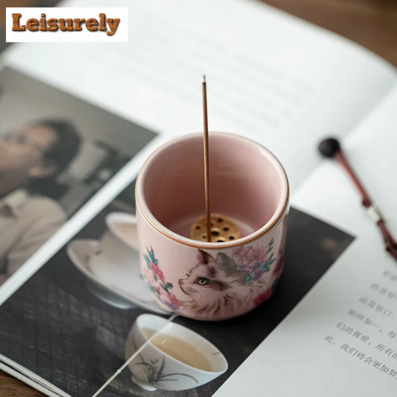 Pink Ru Kiln Flower Cat Three Legged Incense Holder Luxury Censer Scented Aromatic Candles Tea Items Equipment Ornaments Craft