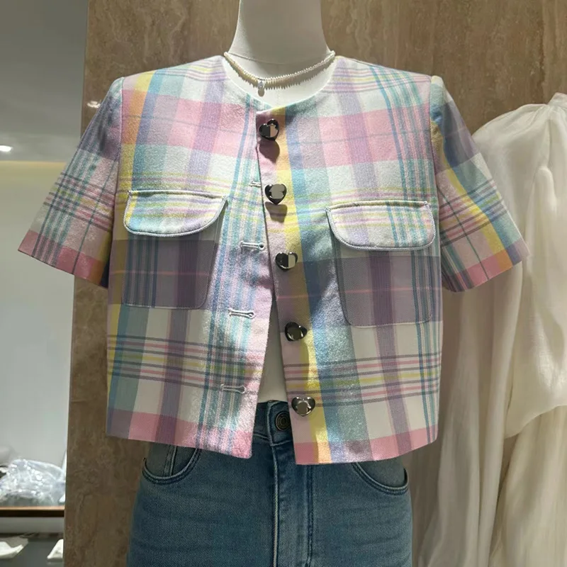 

Streetwear Short Sleeve Plaid Jacket Women Spring Summer Vintage Vintage Coat Outerwear Top Chaquetas Mujer