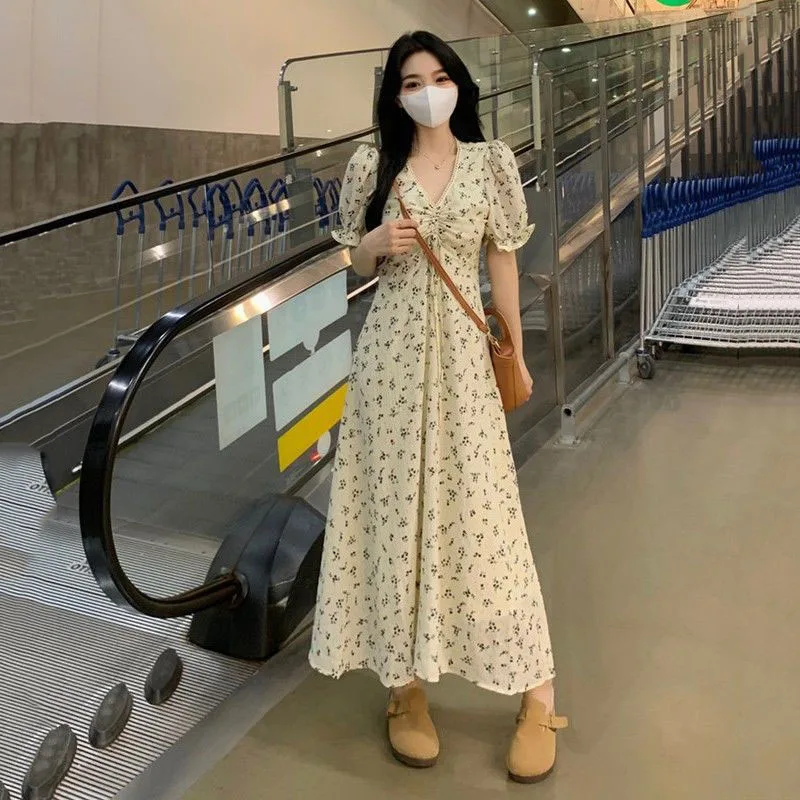 Xpqbb 여성용 빈티지 플로럴 롱 드레스, 퍼프 반팔 드로스트링 V넥 원피스, 비치 프린팅 A라인 원피스, 여름