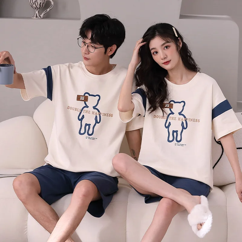 Couple Pajamas Summer Short Sleeve Tops Shorts Pajama Sets Two Piece Sets Cartoon Print Loungewear Nightwear Men Women Pajamas