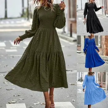 2024 AliExpress Autumn and Winter New Women's Bohemian Round Neck Lantern Sleeve Long Sleeve Long Dress Casual Dress