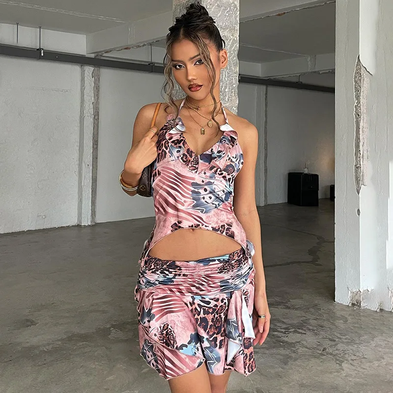 

Women 2 Piece Pink Printed Crop Top Skirts Sets Y2K Sexy Backless Lace-up Camis Tops Ruffles Mini Skirts Party Two Piece Outfits