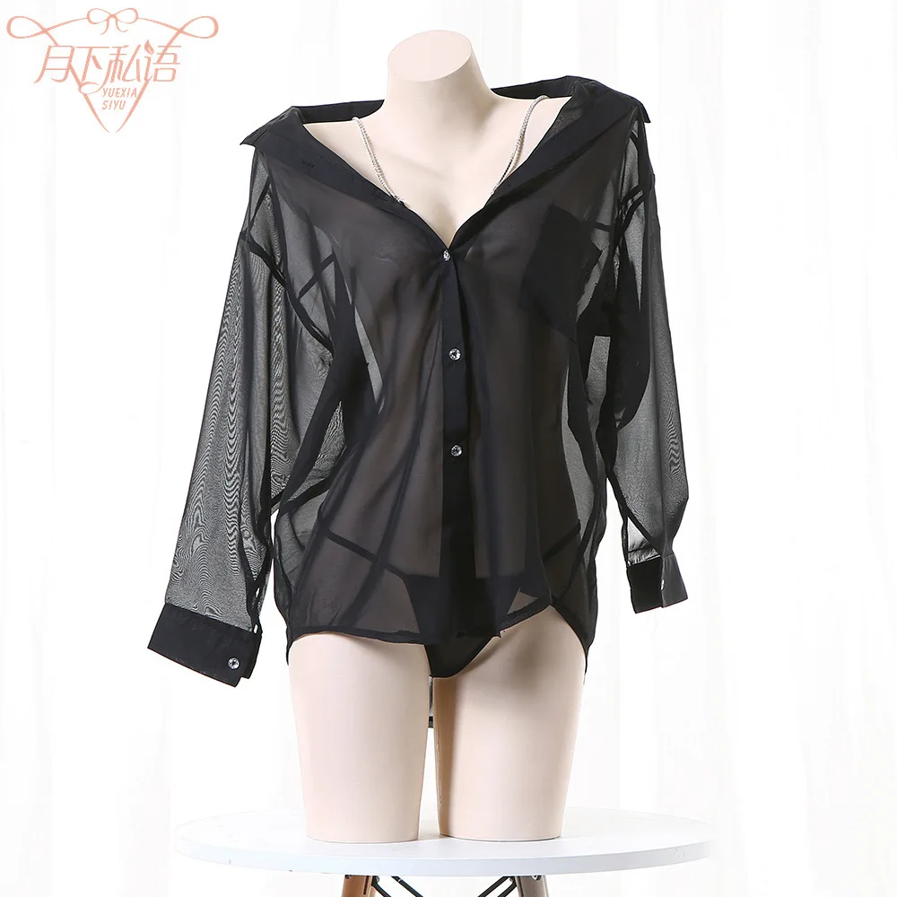

Sexy Suspenders Diamond Chain Deep V Boyfriend Style Shirt Pajamas Women Sexy Underwear See-through Chiffon Uniform Nightdress
