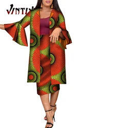 African Clothes for Women Traditional Ankara Print Long Top Coat and Mid Calf Skirt 2 Pcs Set Dashiki Women Evening Dress WY9490