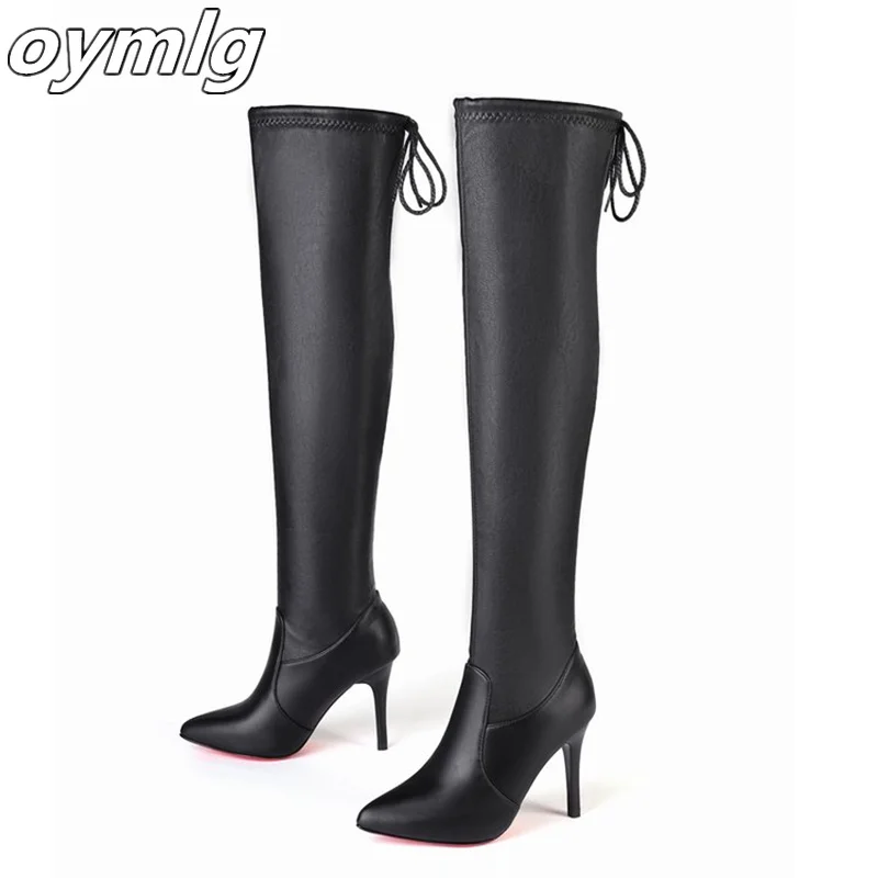 Pointed high heeled knee length boots for women in autumn 2023, new plush slim heeled boots for women in leather boots