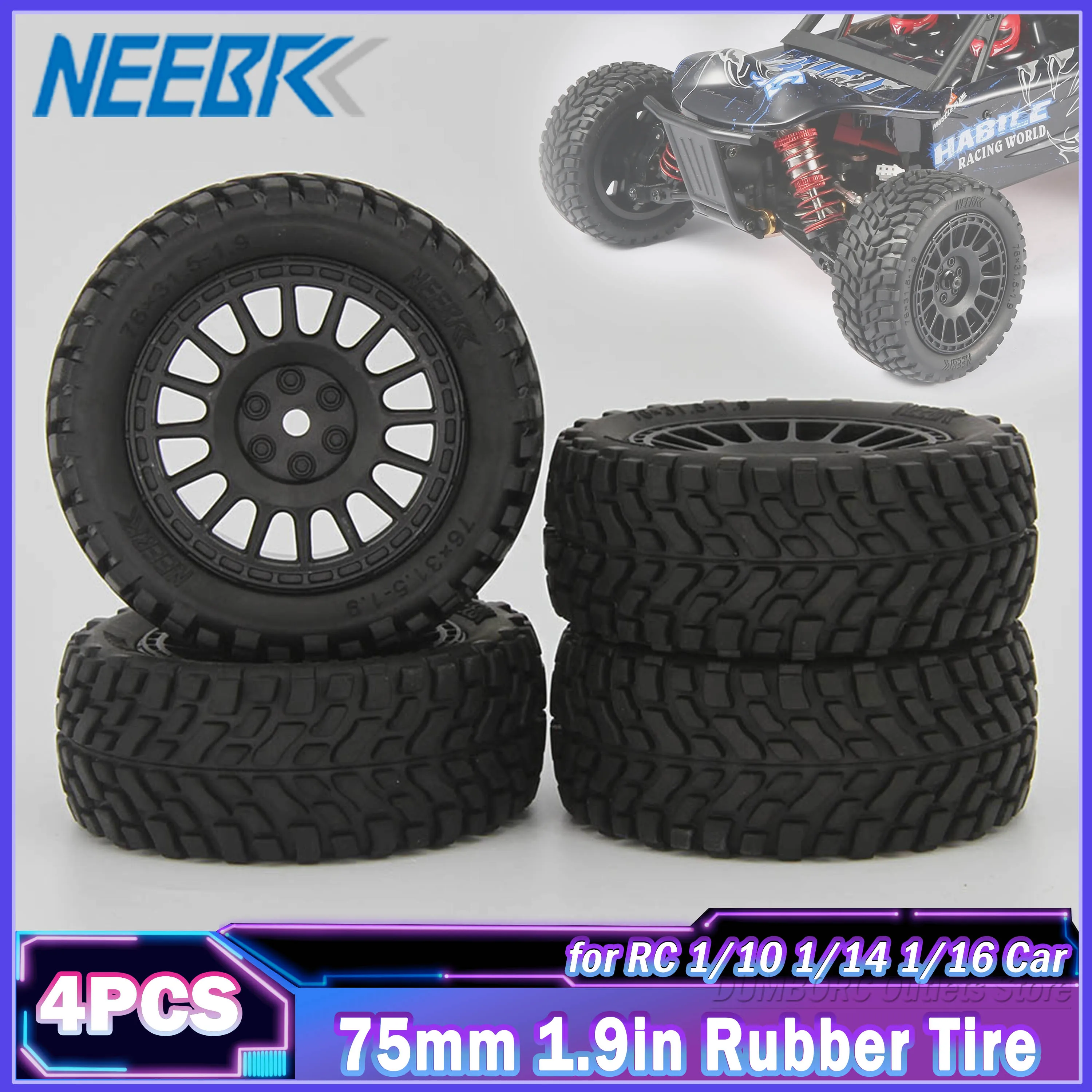 

4PCS 75mm 1.9 inch Rubber Wheel Rim Tire Tyre Hub for 1/14 1/16 1/10 RC Racing Car Wltoys 144010 144001 Scx10 Traxxas Off-road