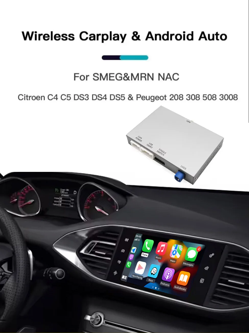 AUTOABC Wireless Carplay Adapter Android Auto für Peugeot & Citroen SMEG 208 308 508 & C4 Ds3 Ds5 unterstützt Rückfahrkamera – Detail 2
