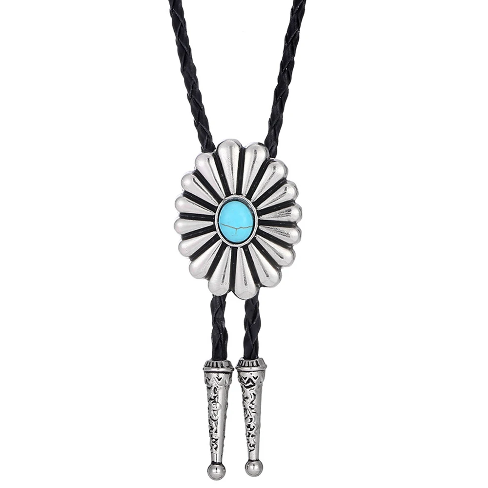 

Fashion Sunflower Natural Turquoise Brand Designer Men Necktie Black Leather Rope High Quanlity Bolo Tie Dropshipping
