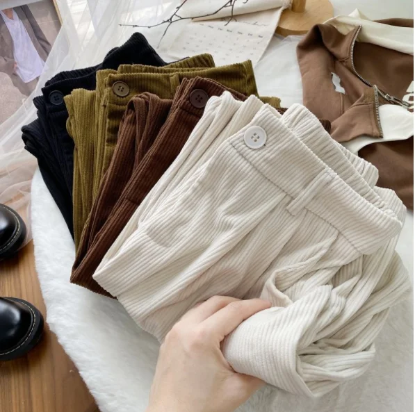 2023 High Waist Women Retro Corduroy Pants Fall Straight Causal Full Length Trousers Vintage Coffee Pockets All Match Pants New