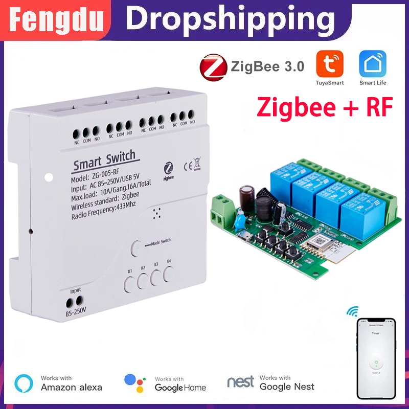 

Zigbee 4 Channel Tuya Smart Switch Module DC7-32V AC85-250V Motor Controller Relay Smart Home APP Remote For Alexa Google Home