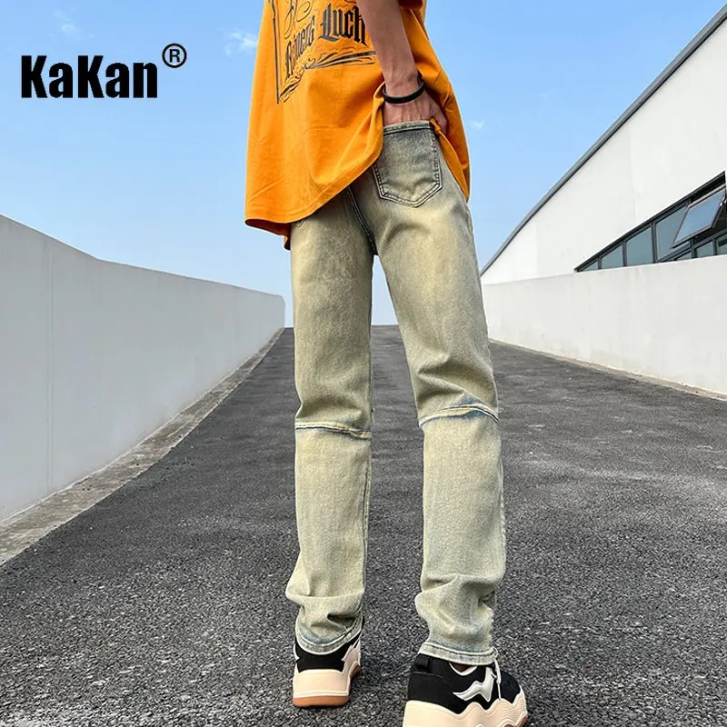 Kakan - Spring/Summer New Style Washed Old Knee Perforated Jeans Men's Wear, Slightly Elastic Straight Sleeve Long Jeans K29-717