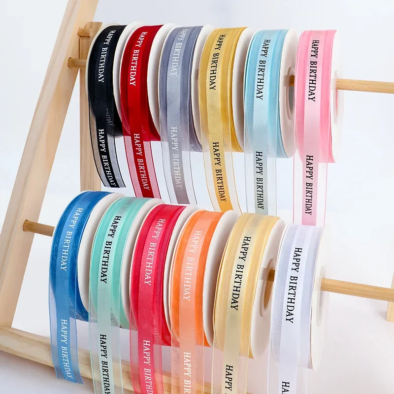 Organza Ribbon 2.5cm 50yards Happy Birthday Sheer Cake Box Packaging Flowers Decorative Bow DIY