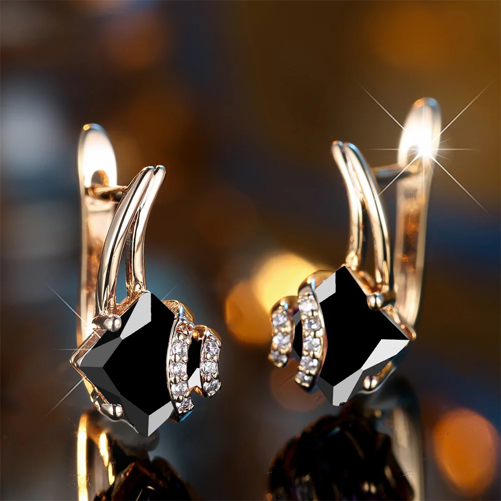 Geometric Square Stone Retro Black Crystal Hoop Earrings For Women Vintage Gold Color Ear Buckle Wedding Jewelry Engagement Gift