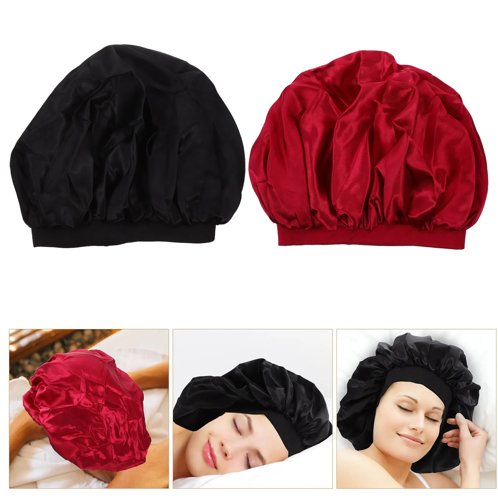 여성용 새틴 화학요법 모자 2개, 부드럽고 가벼운 헤어 보호 수면 보닛, 편안한 탄성 홈/욕실용