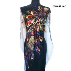 Elegant Sequin Embroidered Peacock Feather Lace Trim (Blue and red)