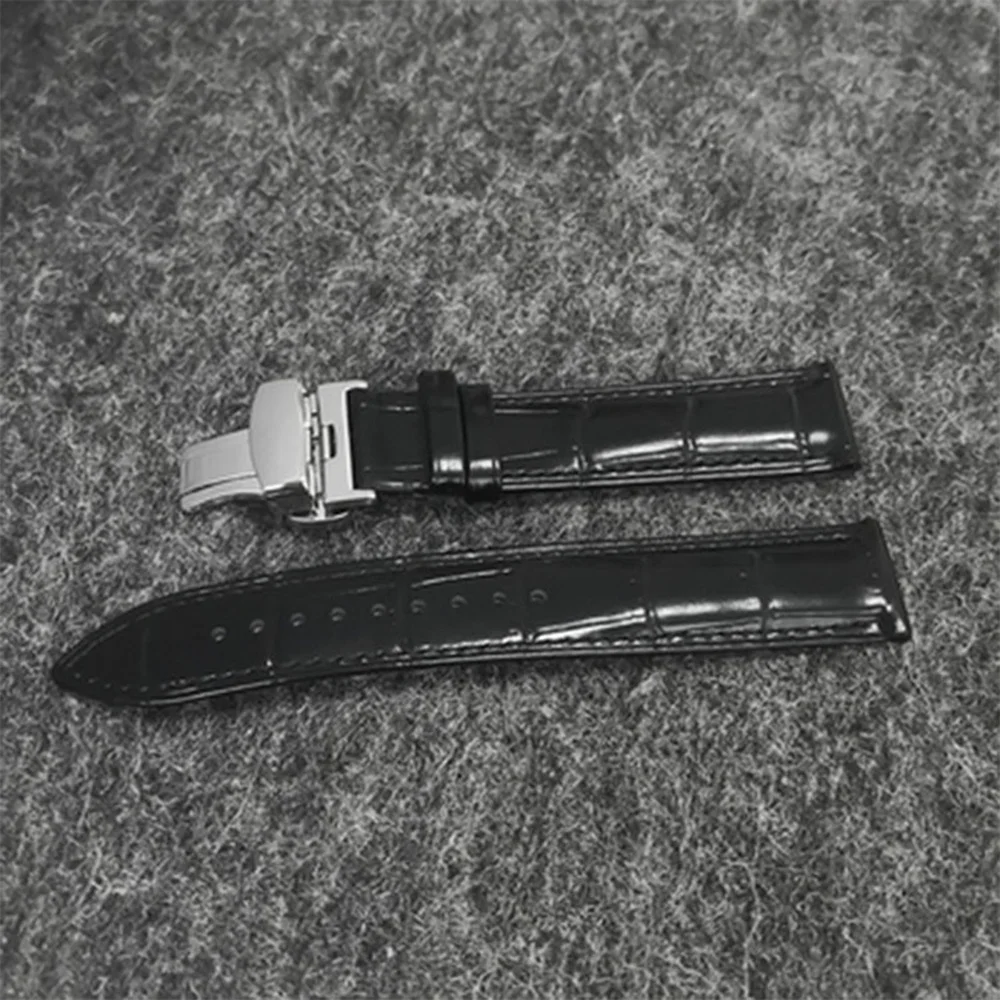 High Quality Genuine Leather Watch Strap 19mm Black/Brown Butterfly Double Buckle Watch Bands Replacement Accessories