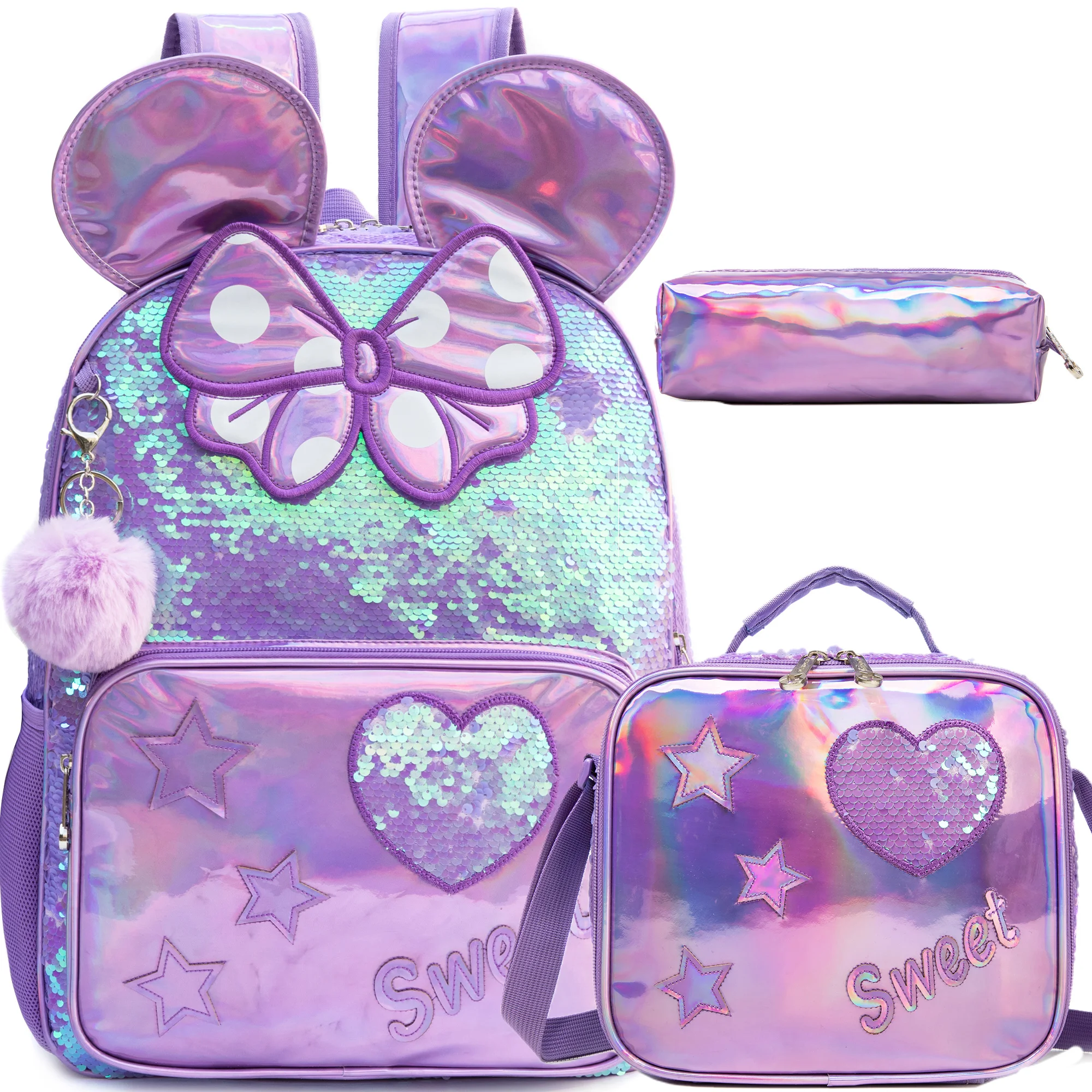 Backpack for Girls 16" Backpacks for Girls for School Sequin Backpack with Lunch Box for Elementary Students