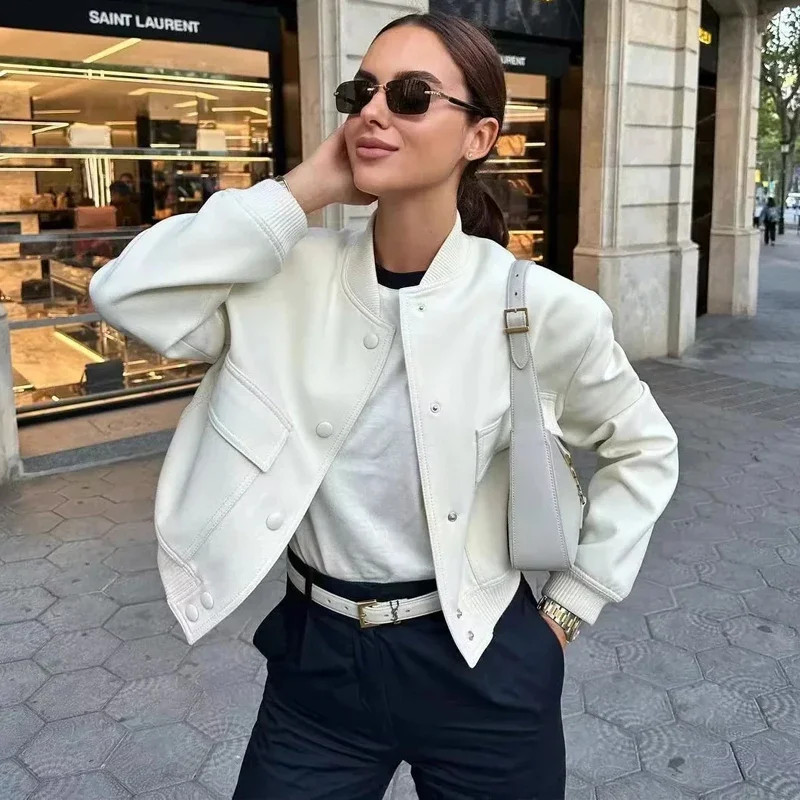 ASDS woman bomber jacket coat White autumn winter button baseball aviator cropped jackets for women long sleeve crop outerwear 5