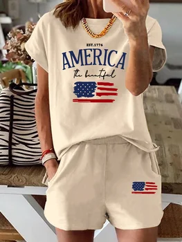 Summer women's Comfortable and loose white cartoon print casual loose round neck short sleeved T-shirt shorts two-piece set 1