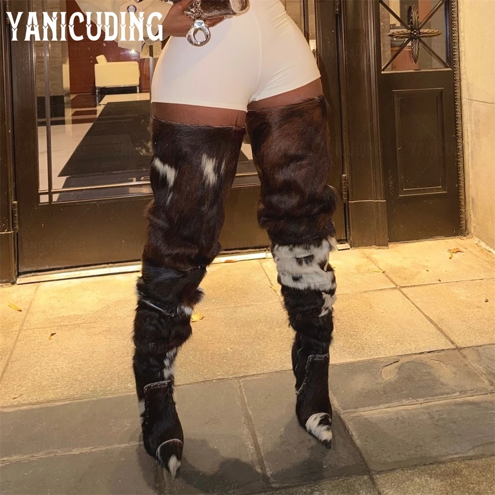 Cowhide Furry Thigh High Boot Fashionable Black Rivet over the Knee Boots Designer Style Pointed Toe Stiletto Boots for Women - Image 5