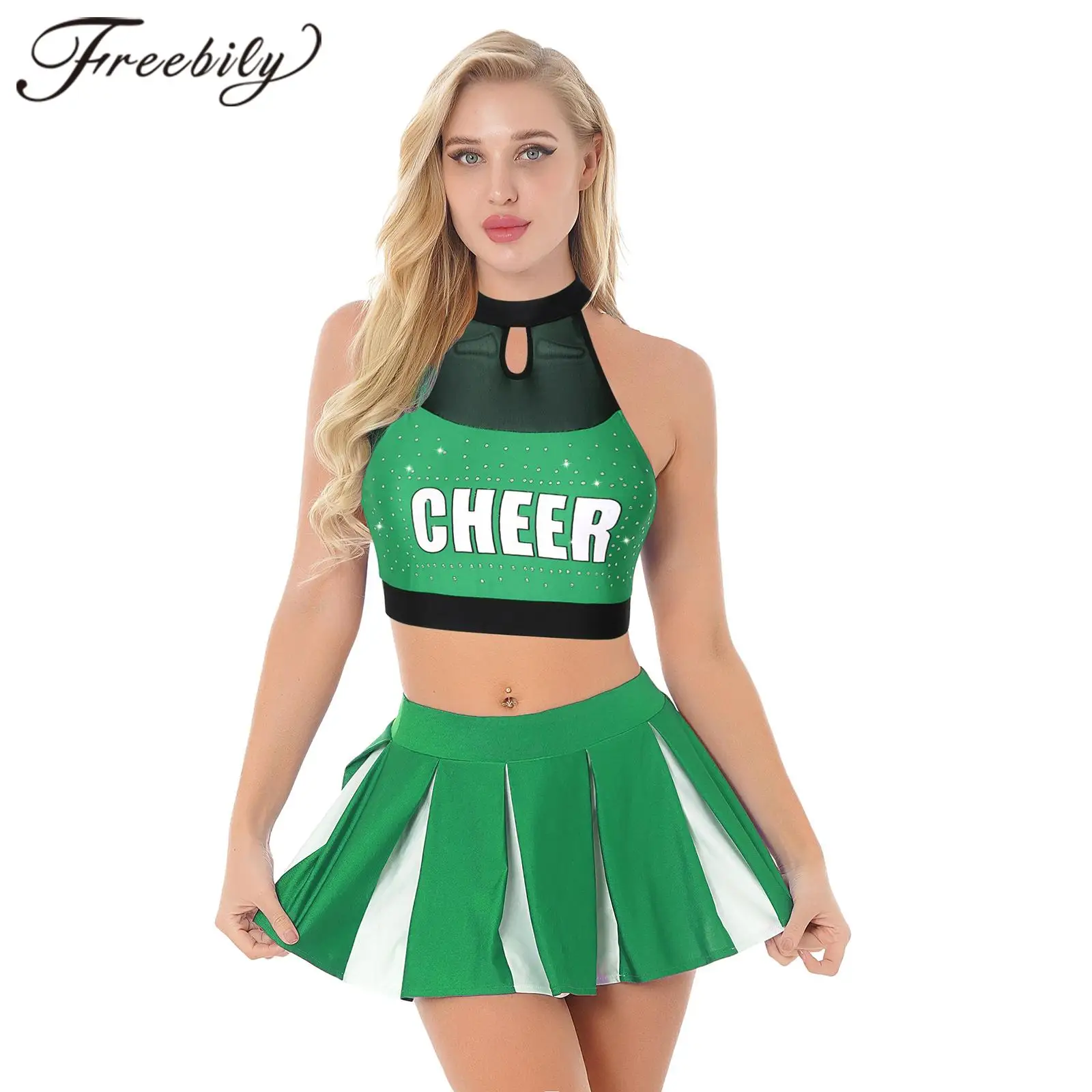 

Women Schoolgirl Cheerleading Cosplay Uniform Outfit Sexy Lingerie Crop Top + Pleated Skirt Adults Woman Cheerleader Costume