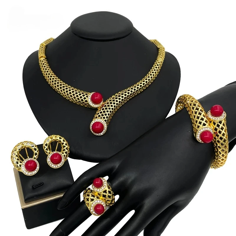 Hight Quality Big Jewelry Set African Nigeria 18K Gold Plated Hollow Out Pendant Necklace Bracelet Chic Stud Earring Ring Set