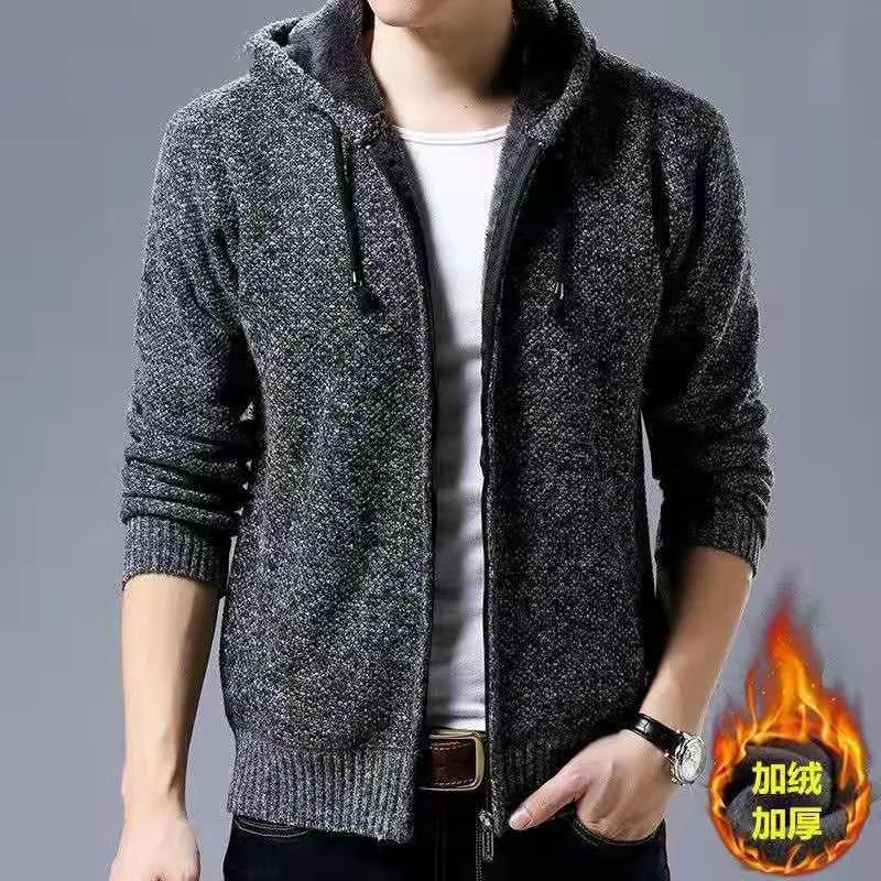 2023 Winter New Men's Solid Color Hooded Baseball Neck Knitted Coat Autumn Multi Color Zipper Jacket Loose Casual Versatile Top