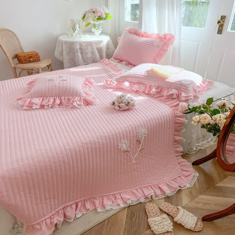 

Solid Color High Quality Cotton Thicken Bed Cover Quilted Princess Bed Skirt Bed Sheet Bedspread Mattress Cover Pillowcases #/