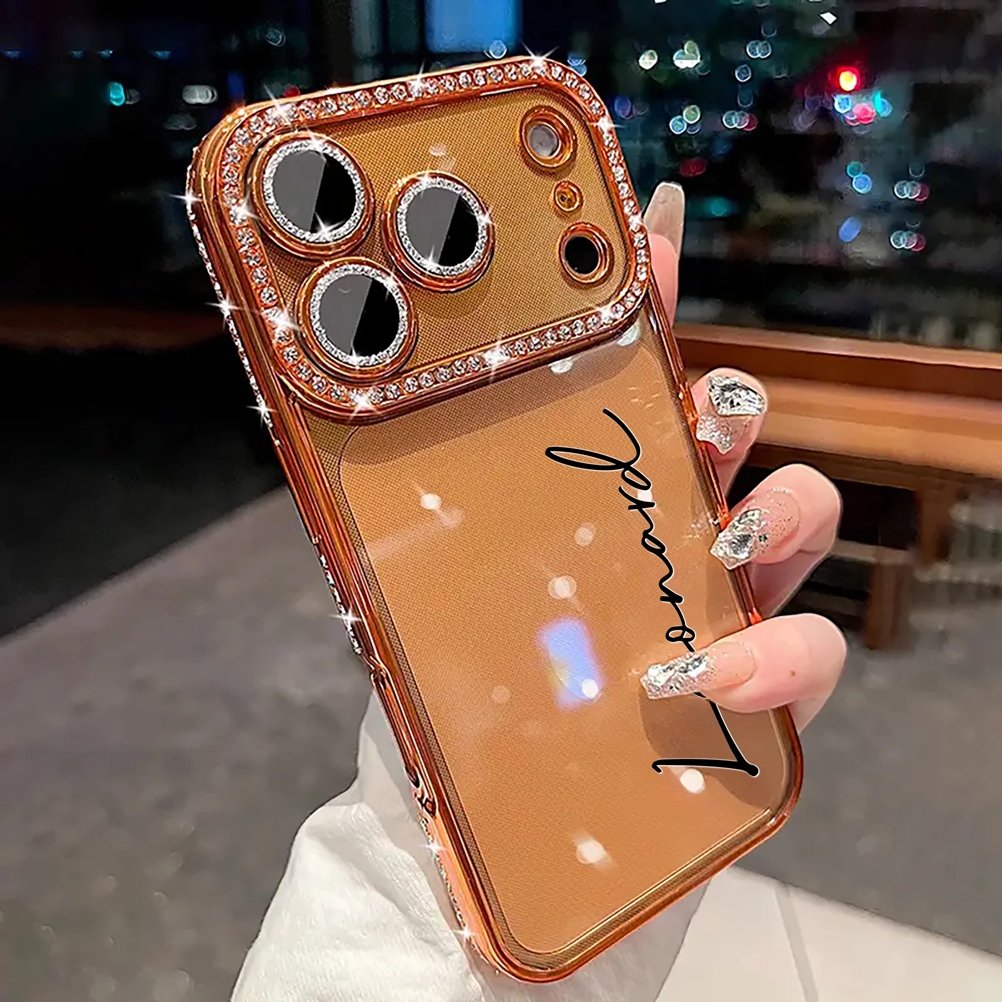 Custom Letters Name Starry Orange Rhinestone Glitter Frame Transparent Phone thumbnail 2