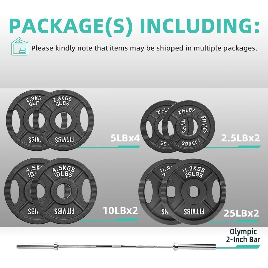 Fitvids Cast Iron 2Inch Weight Plates Including 5FT Barbell Bar Safely Locks 110 Pounds Set 95 Lbs Plates + 15 Lbs Barbell Bar