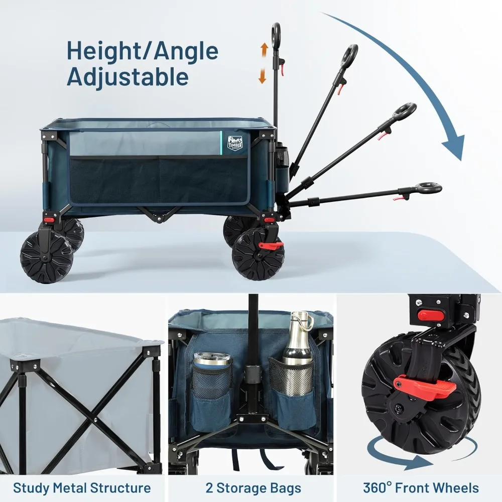 Outdoor Foldable Trolley With Brakes Practical Folding Cart Heavy Duty All Terrain Wheels for Shopping Camping Garden, Blue