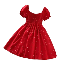 Robe courte à manches courtes en dentelle rouge à col carré décontractée et douce pour les petites filles - Convient aux filles de 4 à 7 ans en été 5