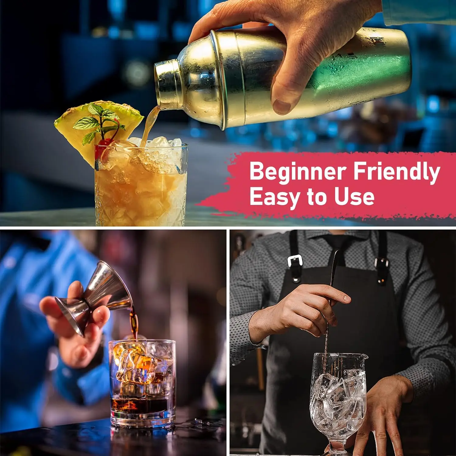 24 oz 750ml Stainless Steel Cocktail Shaker Set Mixed Drink Shaker Martini Set With Built In Strainer cocktail shaker cocktail bar tools