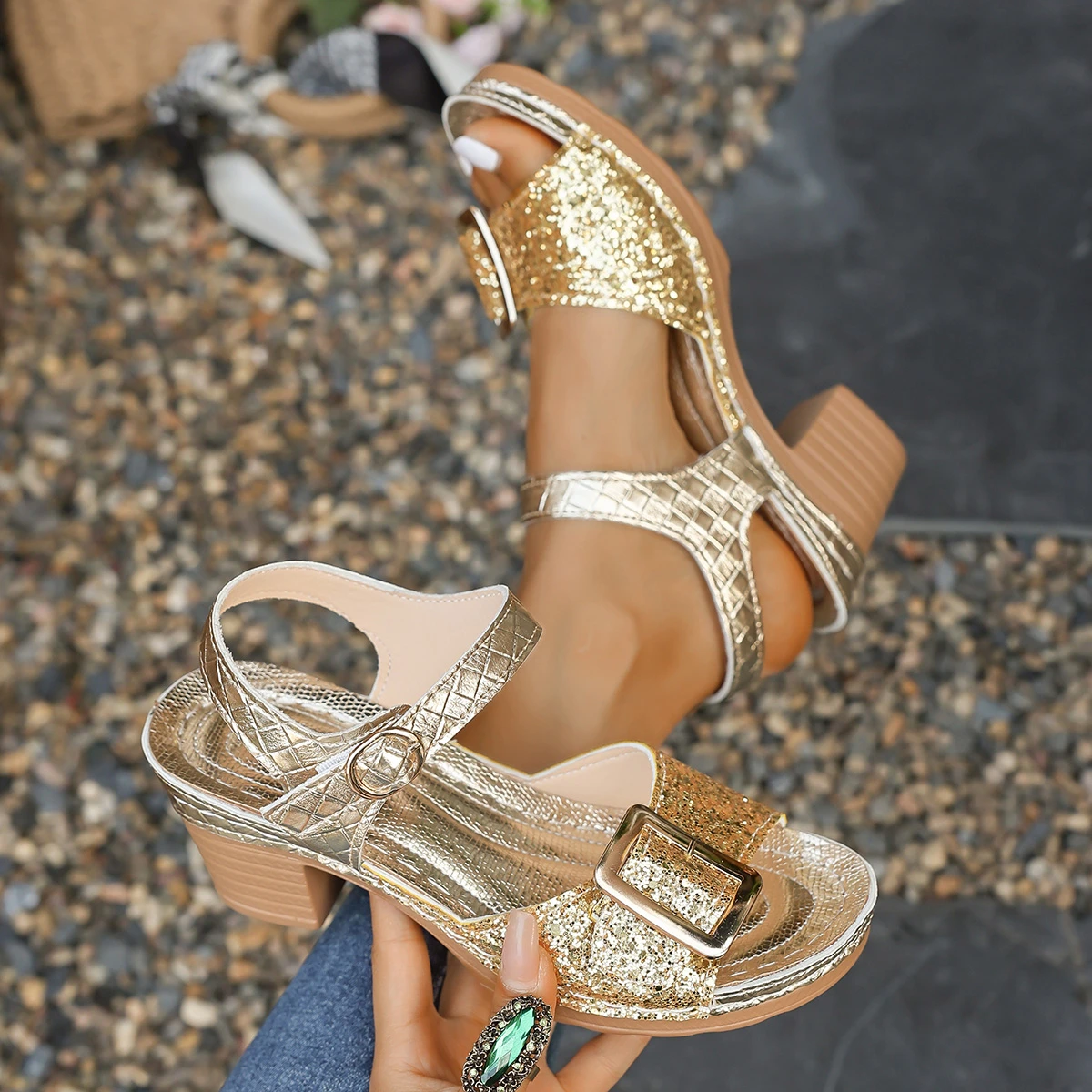 Plus Size Shoes for Women 36-43 Summer Fashion Sequin High Heel Platform Sandals Casual Peep Toe Buckle Strap Sandalias De Mujer