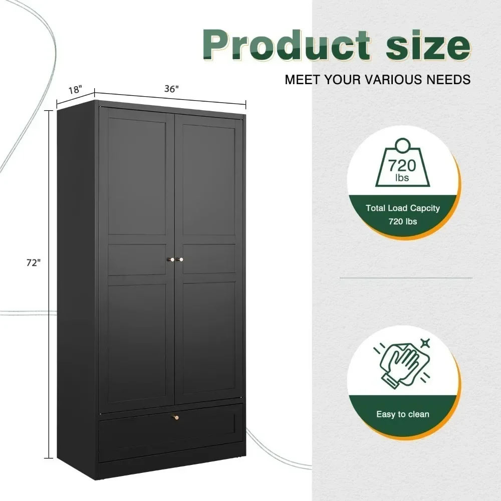 Wardrobe Closet,72" H Clothing Storage Cabinet with Storage Drawer,Metal Storage Cabinet with Adjustable Shelves and Hanging Rod 2