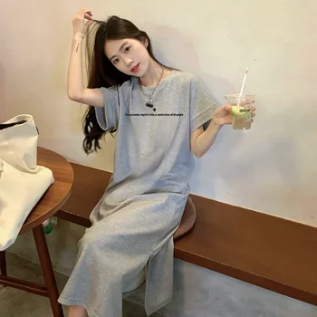 Plus Size Women Loose Long T Shirt Dress Letter Print Split Hem Casual Short Sleeve Cotton Midi Dress Daily Outfit