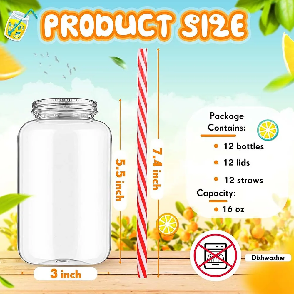Plastic Mason Jars Juice Bottles,Drink Containers,Juicing Bottles,Clear Bulk Beverage Containers,16oz 2