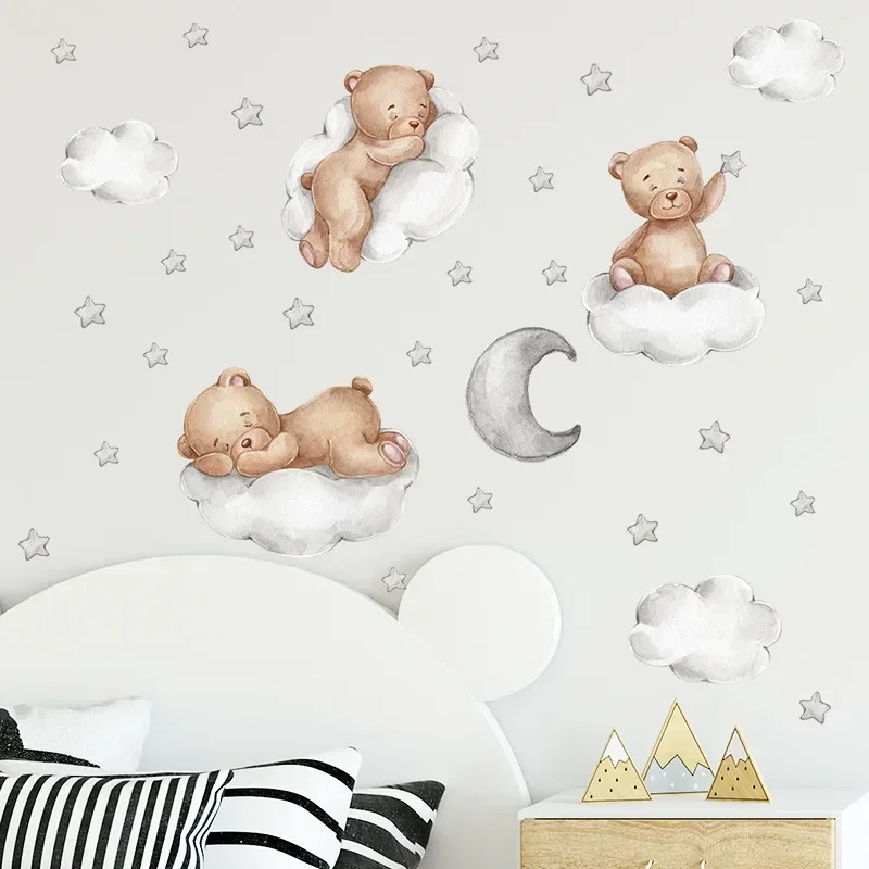 Cartoon Bear Good Night Kids Wall Stickers Baby Room Children Bedroom Wall Decals Clouds Moon Home Decoration Nursery Wallpaper