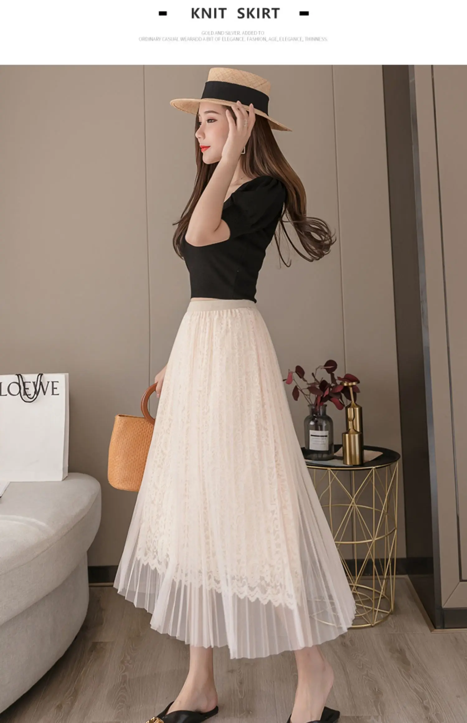 a line skirt Women Midi Lace Skirts Spring Summer Elastic High Waist Mesh Tulle Skirt Casual Pleated Skirts Apricot Black Office Lady N136 a line skirt