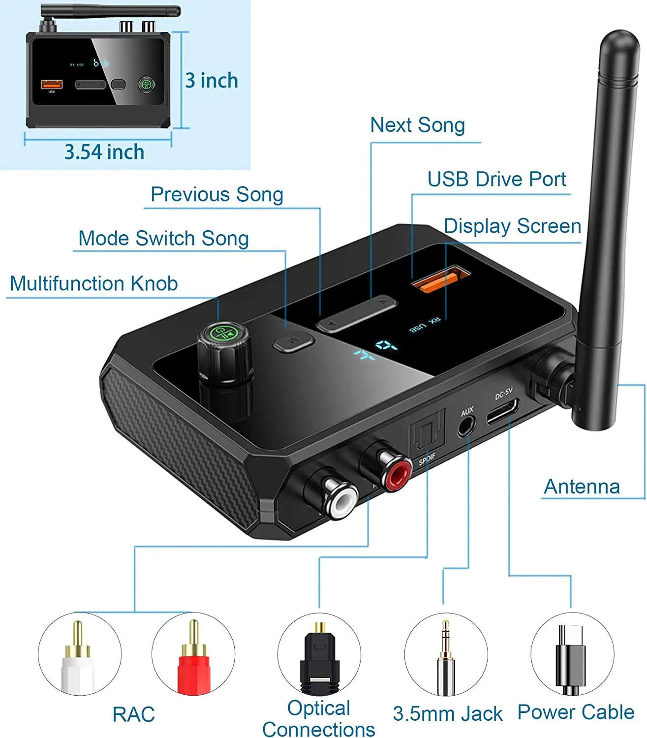 새로운 Bluetooth 5.3 오디오 수신기 무선 지원 자동차 TV PC 스피커 용 AUX 3.5mm RCA 광 잭이있는 U 디스크 오디오 어댑터