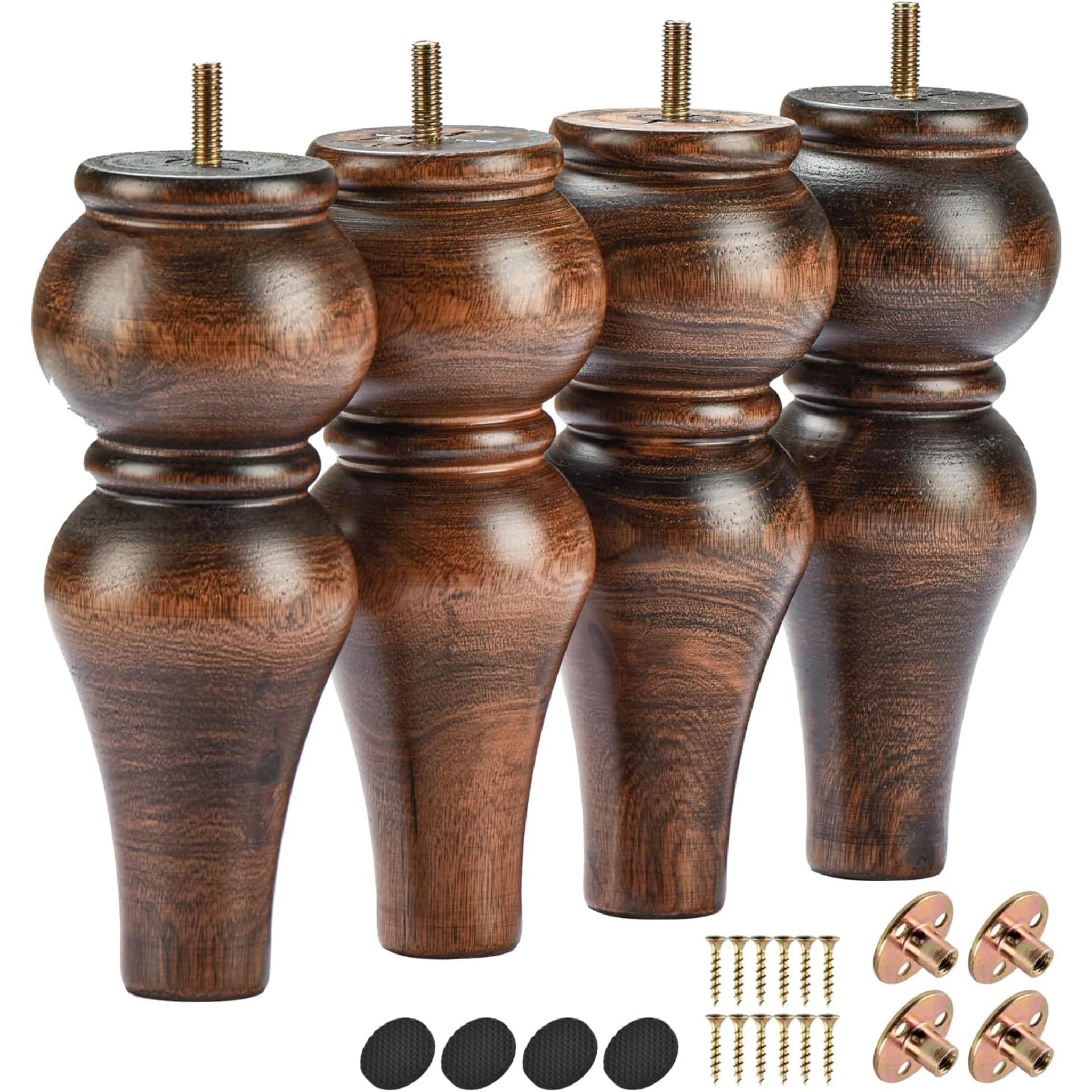 8 Inch/20cm Glazed Solid Wood Furniture Legs, 4Pcs Spindle Feet with M8 Bolts, Plates & Screws for Sofa, Ottoman, Cabinet
