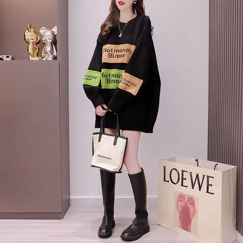 

fashion knitted Pullovers Women Autumn winter Trend Tops Mid length sweaters 2023 new casual loose Jacquard patch sweater woman
