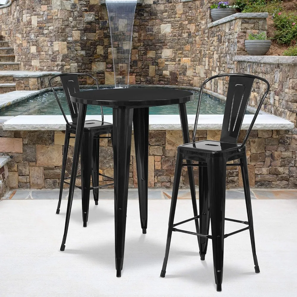 

Commercial 30" Round Black Metal Indoor-Outdoor Bar Table Set-2 Cafe Stools
