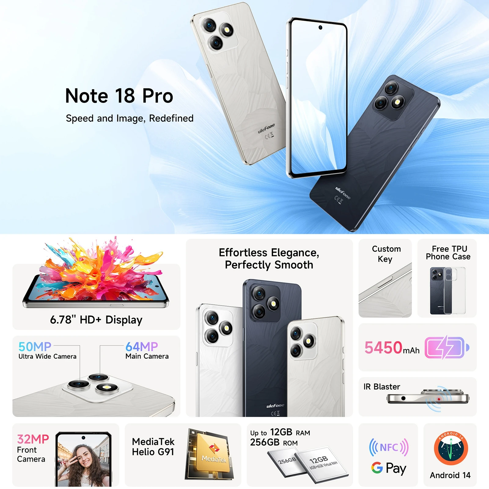 Ulefone Note 18 Pro Smartphone 6GB+256GB 6.78'' Android 14 MediaTek Helio G91 5450mAh 64MP Main Cameras 18W NFC 4G Cellphone